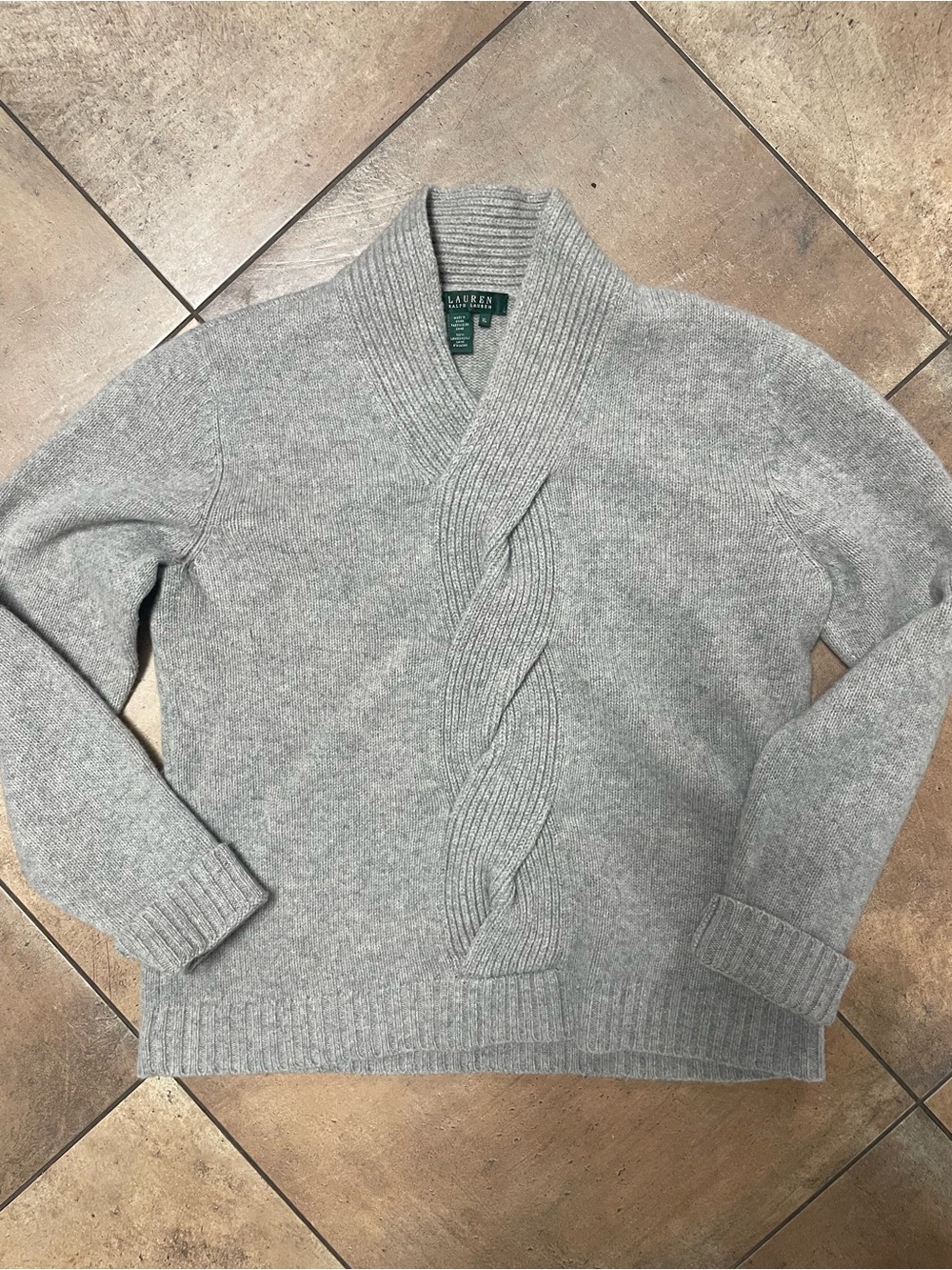 Ralph Lauren Gray Lambs Wool Braided Front Shawl Neck Sweater women's sz XL